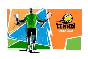 En siluett av en tennisspelare med en pokal och en racket framför en färgglad bakgrund med texten Tennis Open 2021