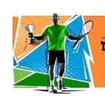 En siluett av en tennisspelare med en pokal och en racket framför en färgglad bakgrund med texten Tennis Open 2021