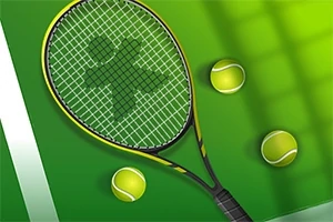 En tennisracket och tre tennisbollar på en grön bakgrund