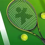 En tennisracket och tre tennisbollar på en grön bakgrund