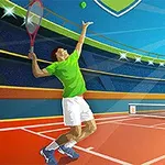Två tennisspelare spelar på en färgglad utomhusbana under en klar himmel med solen som skiner
