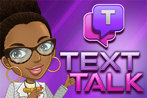 Tecknad figur med glasögon och mörkt uppsatt hår pekar på texten Text Talk mot en lila bakgrund med ett pratbubbla-ikon ovanför