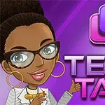 Tecknad figur med glasögon och mörkt uppsatt hår pekar på texten Text Talk mot en lila bakgrund med ett pratbubbla-ikon ovanför