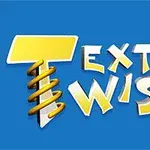 Texten Text Twist 2 i gul och vit med en blå bakgrund och en spiraldesign