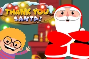 En tecknad tomte och ett barn med glasögon står framför en spiselkrans, med texten Thank You Santa!