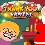 En tecknad tomte och ett barn med glasögon står framför en spiselkrans, med texten Thank You Santa!