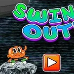 Tecknade figurer, en orange och en blå, med en grön laser och texten Swing Out!