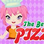 Tecknad figur med rosa hår och en kockmössa bredvid texten The Best Pizza på en lila rutig bakgrund