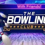Texten The Bowling Club i mitten med flera bowlingkäglor runt omkring på en färgglad bakgrund