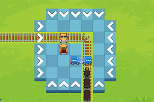 Ett spelområde med blå och vita pilar, järnvägsspår och två blå bilar på grönt gräs