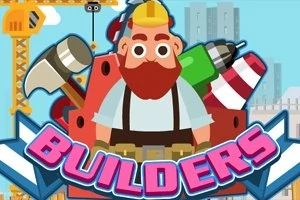 Tecknad byggnadsarbetare med skägg och hjälm står framför byggnadsverktyg och en byggnadskran, med ordet Builders i förgrunden