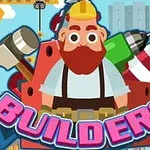 Tecknad byggnadsarbetare med skägg och hjälm står framför byggnadsverktyg och en byggnadskran, med ordet Builders i förgrunden