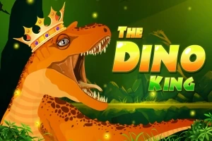 Tecknad dinosaurie med krona bredvid texten The Dino King mot en grön bakgrund