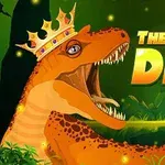 Tecknad dinosaurie med krona bredvid texten The Dino King mot en grön bakgrund