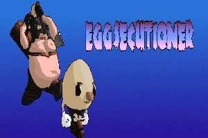 En tecknad bild med en äggformad karaktär i förgrunden och en stor maskerad figur i bakgrunden på en blå bakgrund, med texten Eggsecutioner