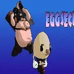 En tecknad bild med en äggformad karaktär i förgrunden och en stor maskerad figur i bakgrunden på en blå bakgrund, med texten Eggsecutioner