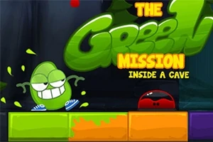 En grön tecknad figur med skor och ett brett leende står bredvid en text som säger The Green Mission Inside a Cave, med färgglada block i förgrunden