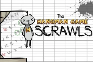 En tecknad figur hänger på en galge framför en rutad bakgrund med handskrivna bokstäver och texten The Hangman Game Scrawls