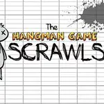 En tecknad figur hänger på en galge framför en rutad bakgrund med handskrivna bokstäver och texten The Hangman Game Scrawls