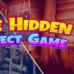 Texten The Hidden Object Game i färgglada bokstäver överlappar en träinteriör med hyllor och en stege