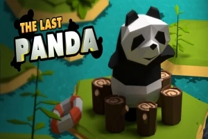 En stiliserad panda sitter bland stubbar på en liten ö med vatten omkring