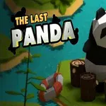En stiliserad panda sitter bland stubbar på en liten ö med vatten omkring