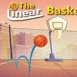 Basketbollsplan med ett staket i bakgrunden och en boll i luften under en solnedgång