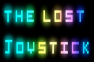 Texten The Lost Joystick i lysande neonfärger mot en svart bakgrund