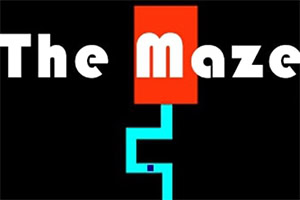 The Maze Game Texten The Maze i vitt med blÄ labyrintgrafik och en röd rektangel pÄ svart bakgrund