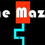 The Maze Game Texten The Maze i vitt med blÄ labyrintgrafik och en röd rektangel pÄ svart bakgrund