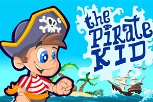 Tecknad piratpojke med stor hatt står framför texten the Pirate Kid med en ö och ett skepp i bakgrunden