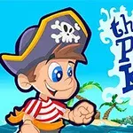 Tecknad piratpojke med stor hatt står framför texten the Pirate Kid med en ö och ett skepp i bakgrunden