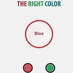 Vit bakgrund med texten “THE RIGHT COLOR,” en röd cirkel som innehåller ordet “Blue,” samt en röd kryssknapp och en grön cirkelknapp