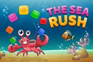 En glad röd krabba under vatten omgiven av färgglada block, en fisk och koraller med texten The Sea Rush