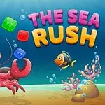 En glad röd krabba under vatten omgiven av färgglada block, en fisk och koraller med texten The Sea Rush