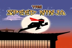 Silhuett av en springande ninja med röd halsduk mot fullmånen på en byggnad med titeln The Speed Ninja