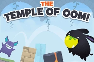Två tecknade figurer i hoppande rörelse med en gul frukt, omgivna av olika block och växter, med texten The Temple of Oom!