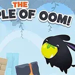 Två tecknade figurer i hoppande rörelse med en gul frukt, omgivna av olika block och växter, med texten The Temple of Oom!