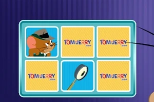Bilden visar en spelbricka med fem rutor, där en innehåller en detektivmus, två har texten TOM JERRY show och en visar ett förstoringsglas