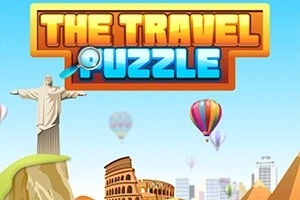 Texten The Travel Puzzle i stora bokstäver ovanför landmärken som Kristusstatyn, Colosseum och ballonger i luften