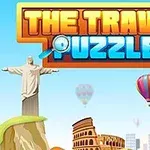 Texten The Travel Puzzle i stora bokstäver ovanför landmärken som Kristusstatyn, Colosseum och ballonger i luften