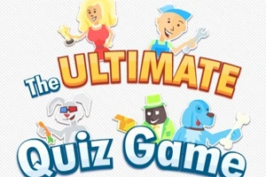 Tecknade figurer med verktyg och texten The Ultimate Quiz Game