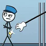 En tecknad figur med blå mössa som håller en nyckel medan en hand sträcker sig genom ett galler