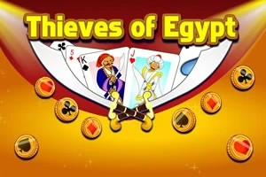 Spelkort och mynt mot en färgglad bakgrund med orden Thieves of Egypt högst upp