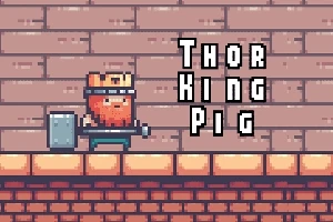 En pixelkonstbild med en smågris klädd som en kung, bärandes en hammare, står framför en tegelvägg med texten Thor King Pig bredvid