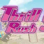 Texten Thrill Rush 5 i rosa med en nöjesparksbakgrund som inkluderar ett pariserhjul och trappor