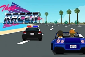 Två tecknade bilar på en motorväg med palmer i bakgrunden och en logotyp till vänster