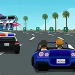 Två tecknade bilar på en motorväg med palmer i bakgrunden och en logotyp till vänster