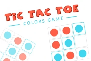 Texten Tic Tac Toe Colors Game visas med röd och blå grafik i ett rutnätmönster
