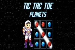 En glad astronaut står bredvid ett rymdinspirerat tic-tac-toe-spel med planeter som symboler mot en stjärnfylld bakgrund